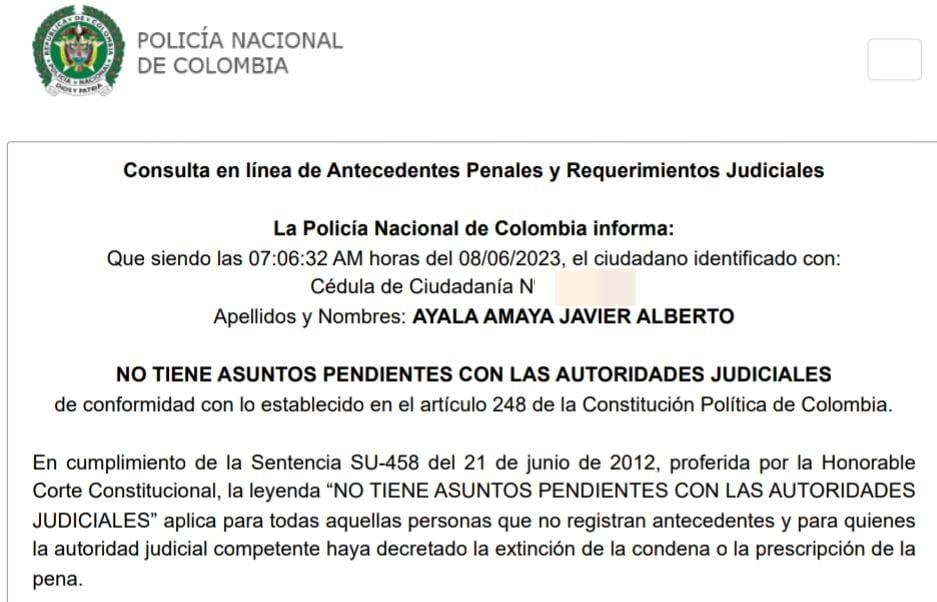 Certificado de antecedentes policiales del nuevo rector de la Universidad Militar, el general en retiro Javier Ayala.
