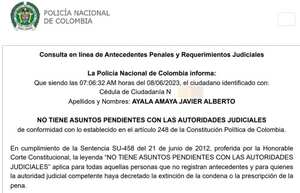 Certificado de antecedentes policiales del nuevo rector de la Universidad Militar, el general en retiro Javier Ayala.