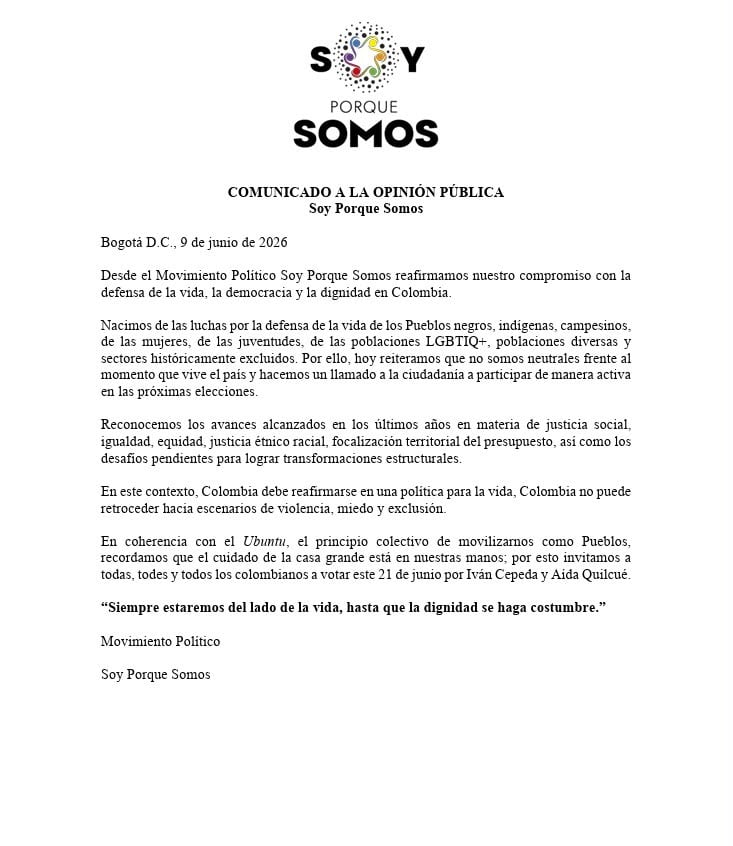 Comunicado de respaldo a Iván Cepeda y Aida Quilcué.
