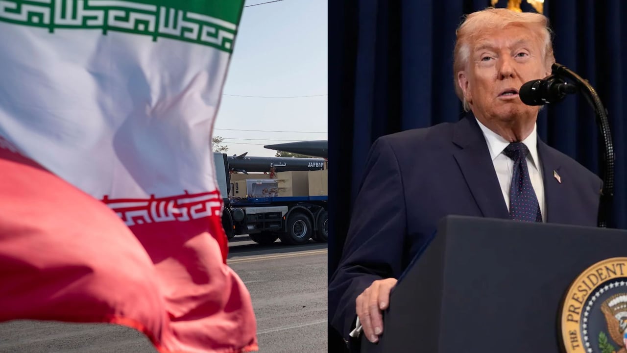La bandera de Irán y la figura de Donald Trump simbolizan la creciente tensión política y militar entre ambos países en medio de amenazas y advertencias cruzadas.