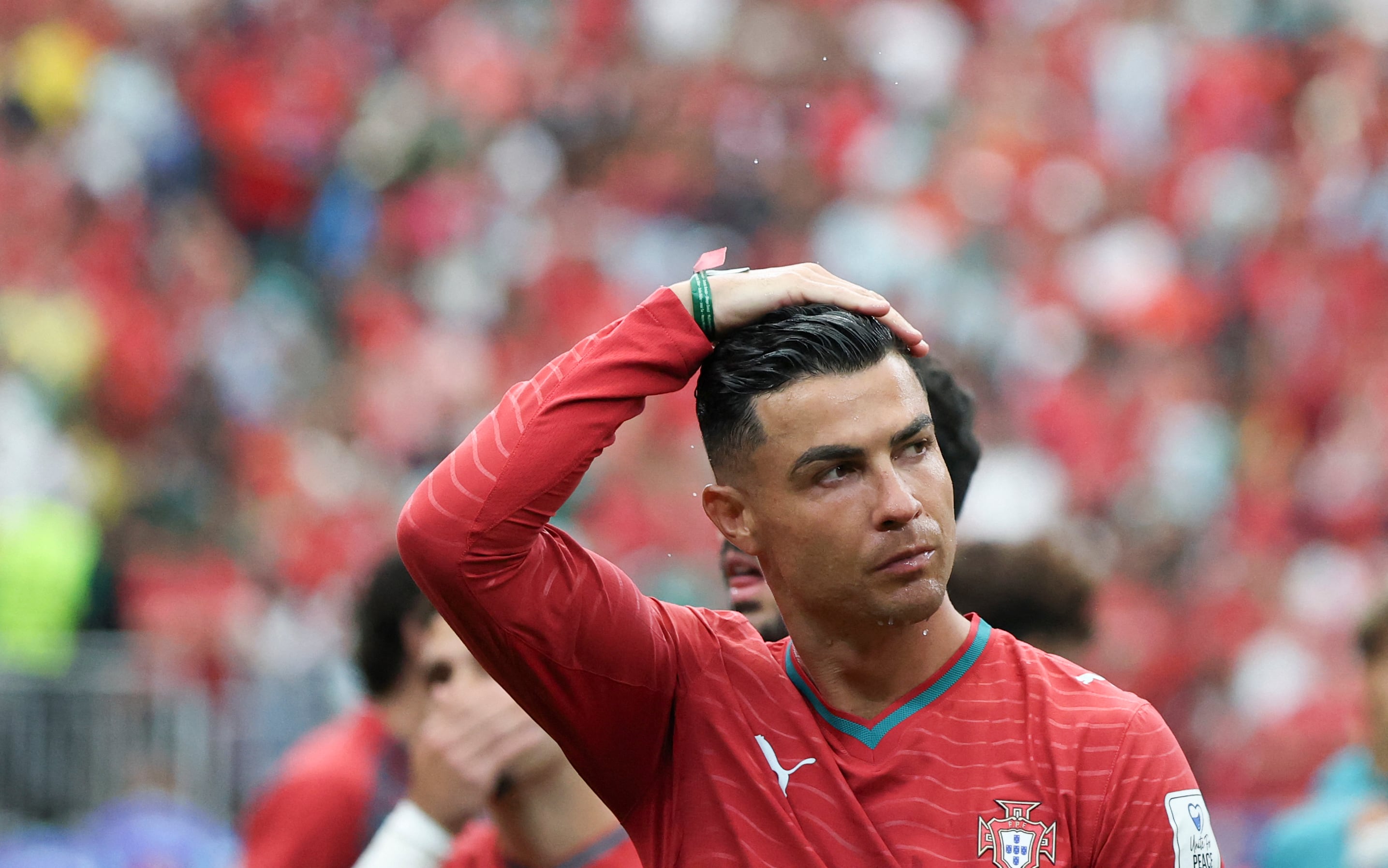 (260618) -- HOUSTON, June 18, 2026 (Xinhua) -- Cristiano Ronaldo of Portugal reacts before the group K match between Portugal and the Democratic Republic of the Congo (DRC) at the 2026 FIFA World Cup at Houston Stadium in Houston, the United States, June 17, 2026. (Xinhua/Zhang Chen) (Photo by Zhang Chen / Xinhua via AFP)