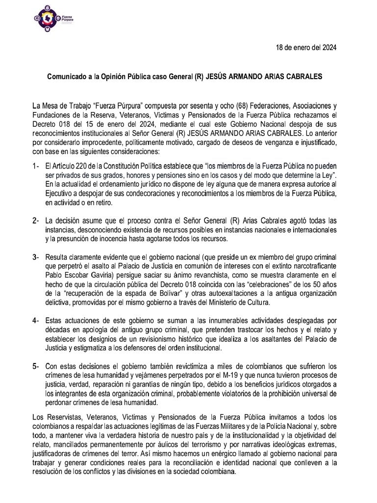 Comunicado de rechazo al Decreto 018 del Gobierno Petro por parte de 68 asociaciones y federaciones