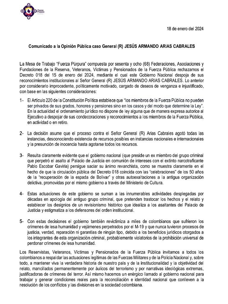 Comunicado de rechazo al Decreto 018 del Gobierno Petro por parte de 68 asociaciones y federaciones