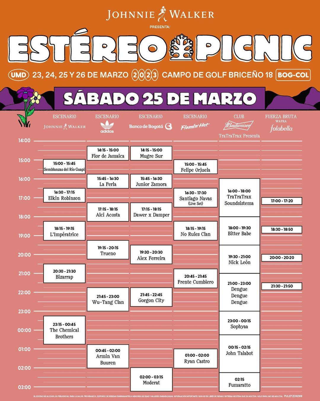 Horarios de presentaciones del sábado 25 de marzo