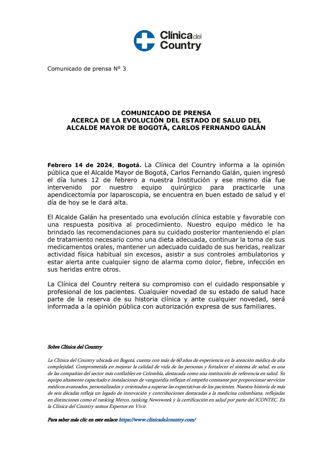 Comunicado Clínica Country