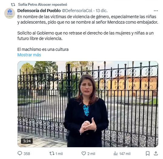 Sofía Petro, hija del presidente Gustavo Petro, replicó un mensaje de la defensora del Pueblo, Iris Marín, sobre Daniel Mendoza.