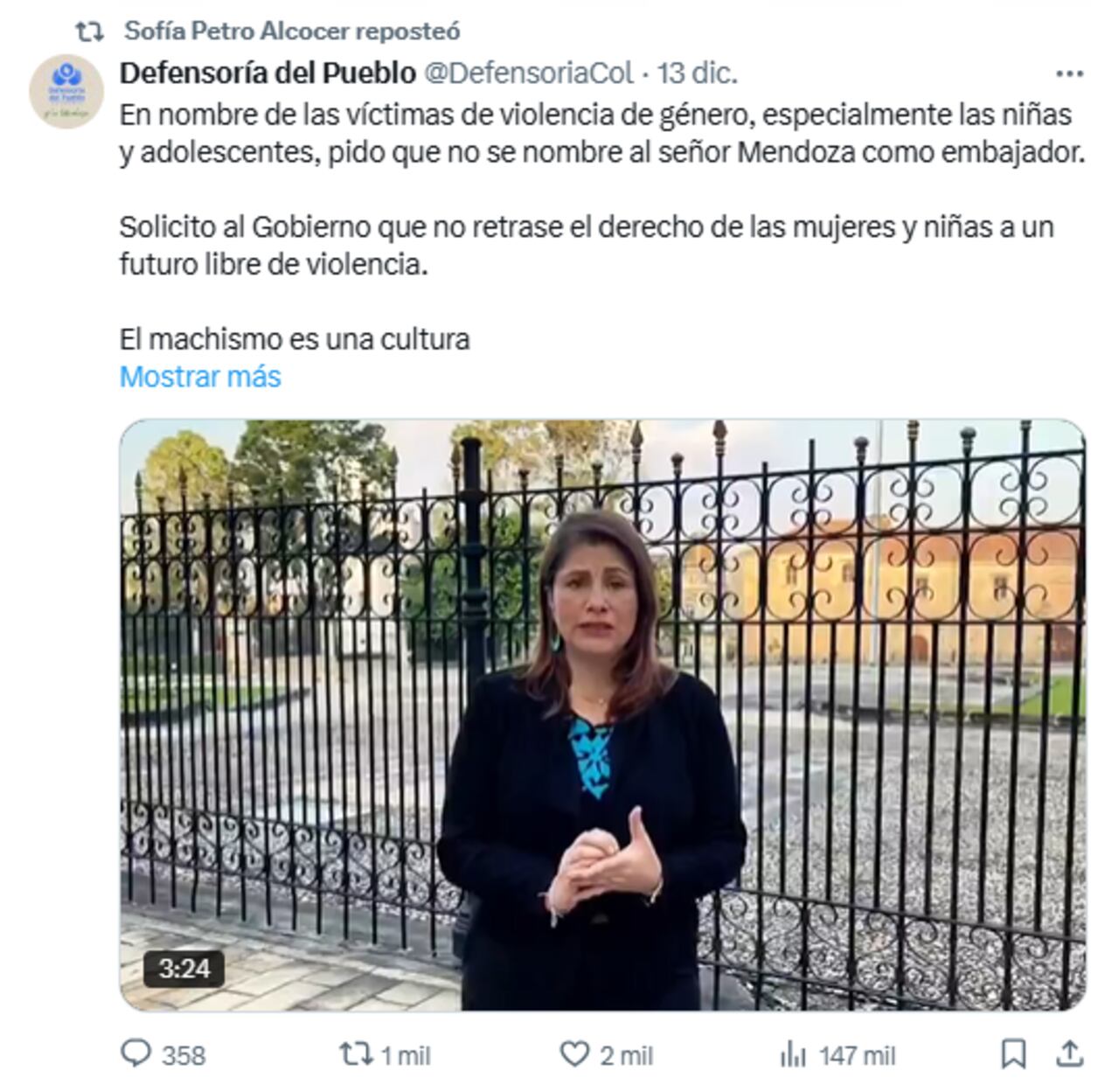 Sofía Petro, hija del presidente Gustavo Petro, replicó un mensaje de la defensora del Pueblo, Iris Marín, sobre Daniel Mendoza.