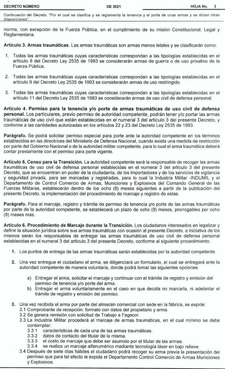 Así quedaría la relgamentación para el portte y/o tenencia de armas traumáticas.