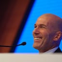 Zinedine Zidane, newly appointed coach of the France national soccer team, smiles as he attends a media conference at the headquarters of French Football Federation headquarters in Paris, Tuesday, July 28, 2026. (AP Photo/Aurelien Morissard)