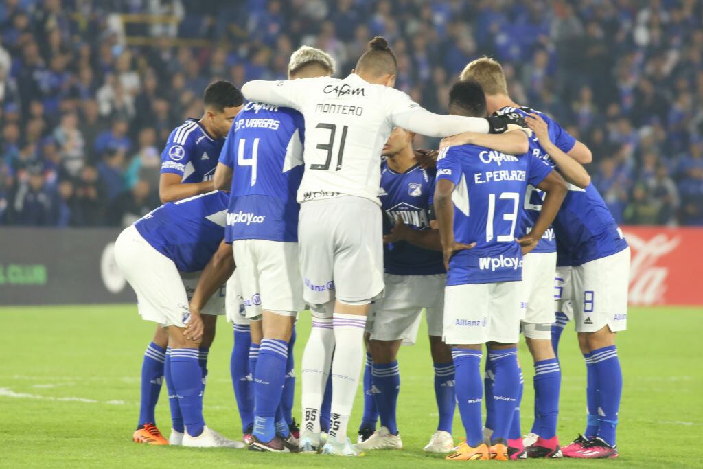 Millonarios players during the match against CA Penarol of Uruguay for the 4th date of CONMEBOL Sudamericana played at the Nemesio Camacho El Campin stadium in the city of Bogota, Colombia. (Photo by Daniel Garzon Herazo/NurPhoto via Getty Images)