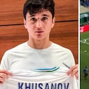 El gesto de Khusanov (izq.) tras haber herido, sin culpa, a un camarógrafo en el partido de Colombia contra Uzbekistán (der.).