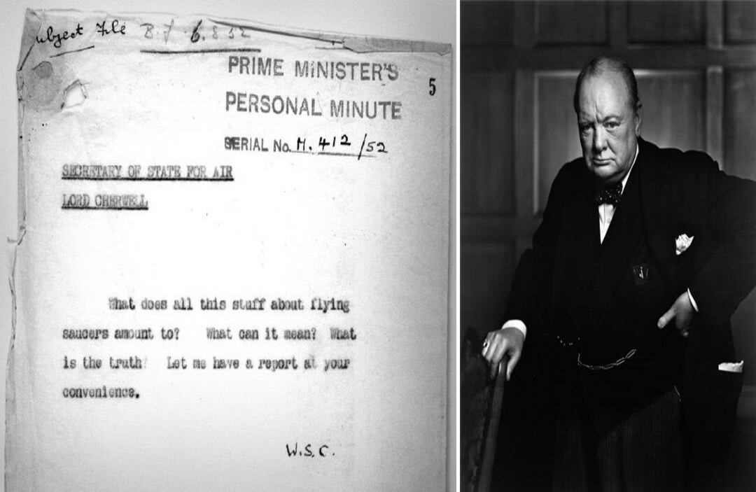CHURCHILL Y LOS OVNIS: Más de medio siglo después de su fallecimiento, este líder británico sigue dando de qué hablar. Se trata de un posible encubrimiento de un avistamiento de OVNIS. El Ministerio de Defensa de Gran Bretaña publicó en 2010 un lote de documentos relacionados con OVNIS, de los Archivos Nacionales. Entre las más de 5000 páginas están unas cartas escritas por el nieto de un hombre que militó en la Real Fuerza Aérea Británica y habría sido parte de los guarda espaldas del ex Primer Ministro. Según él, Churchill quiso evitar el pánico generalizado, al ordenar clasificar por un periodo de 50 años, registros sobre un supuesto encuentro entre una aeronave de la Fuerza Aérea y un misterioso objeto volador. Foto: Feelguide.com 