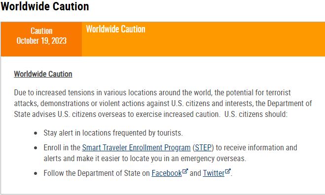 La alerta fue emitida por el Departamento de Estado de los Estados Unidos