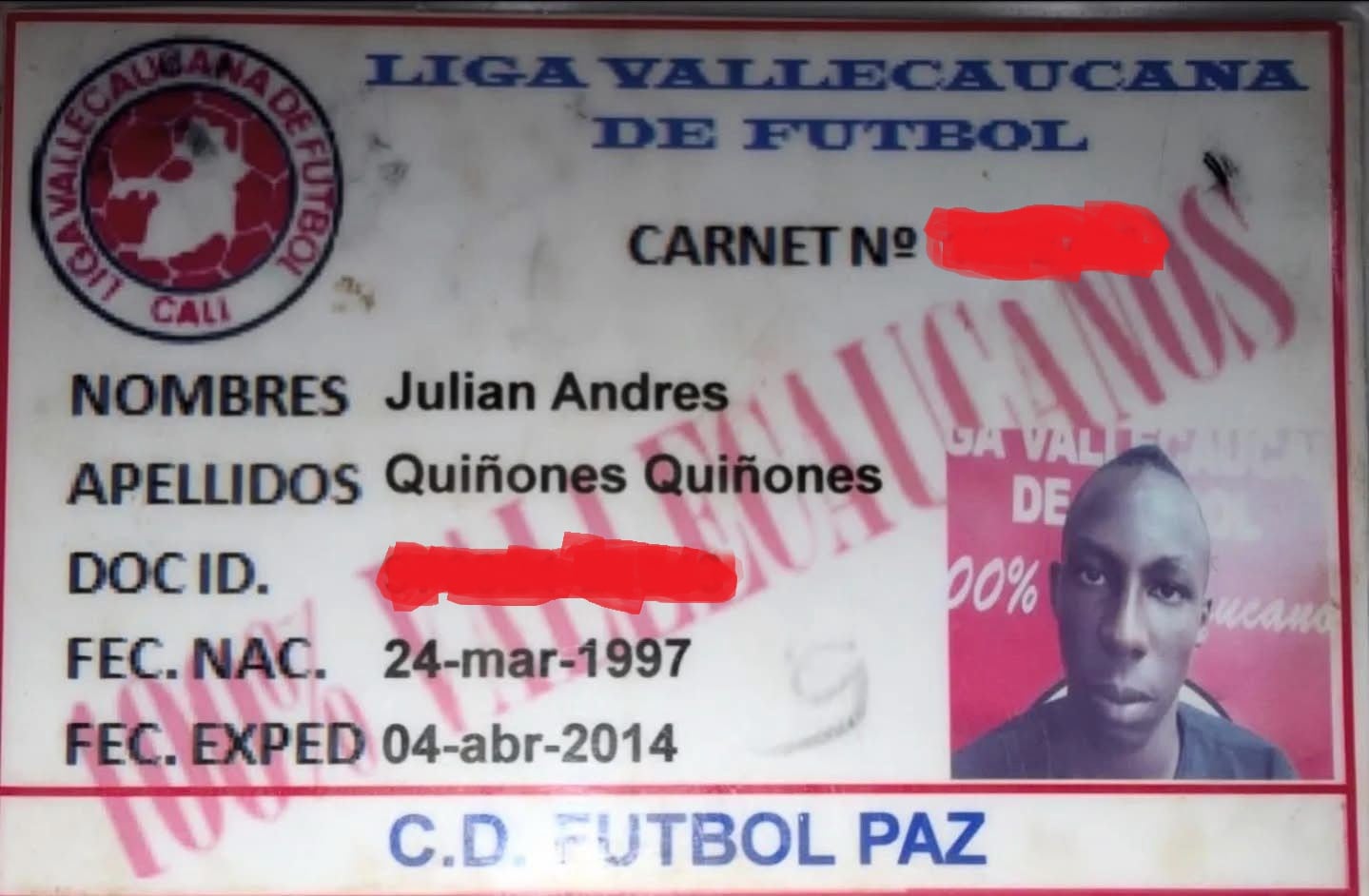 Carnet de Julián Quiñones en Fútbol Paz