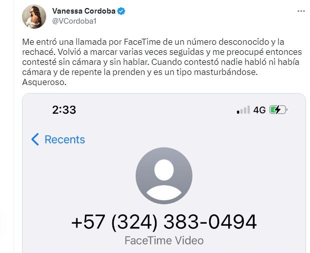 Vanessa Córdoba denunció acoso sexual a través de una videollamada.