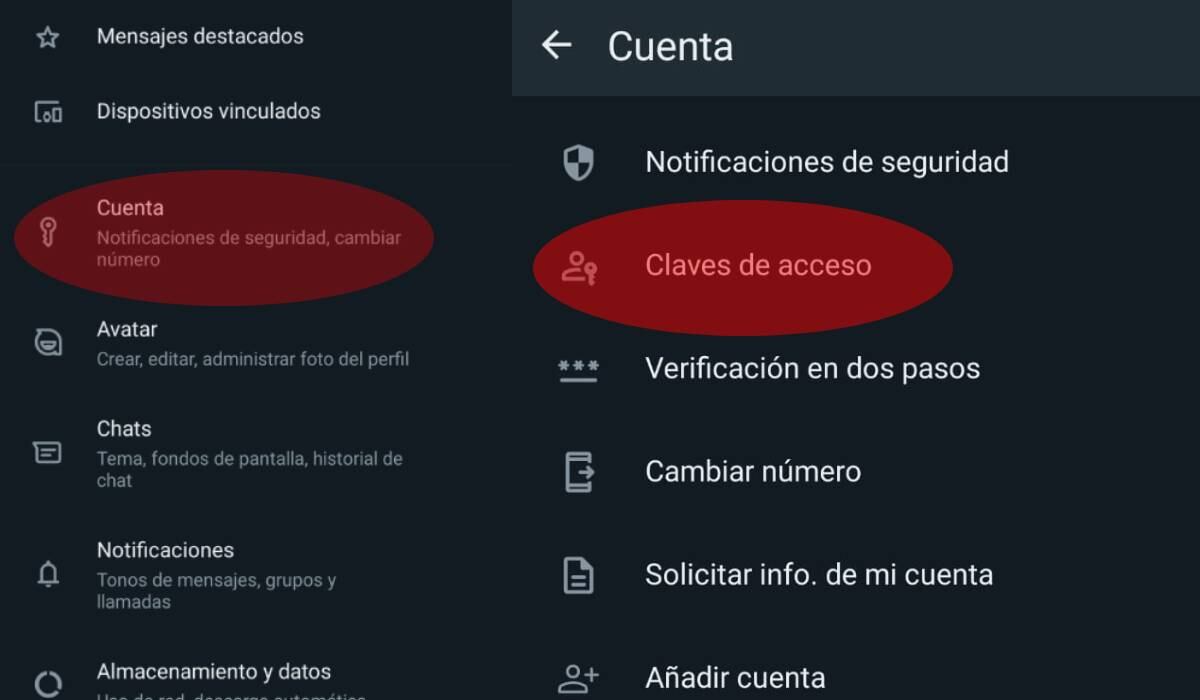 Menú de WhatsApp para ajustar el acceso a la app con las passkeys.