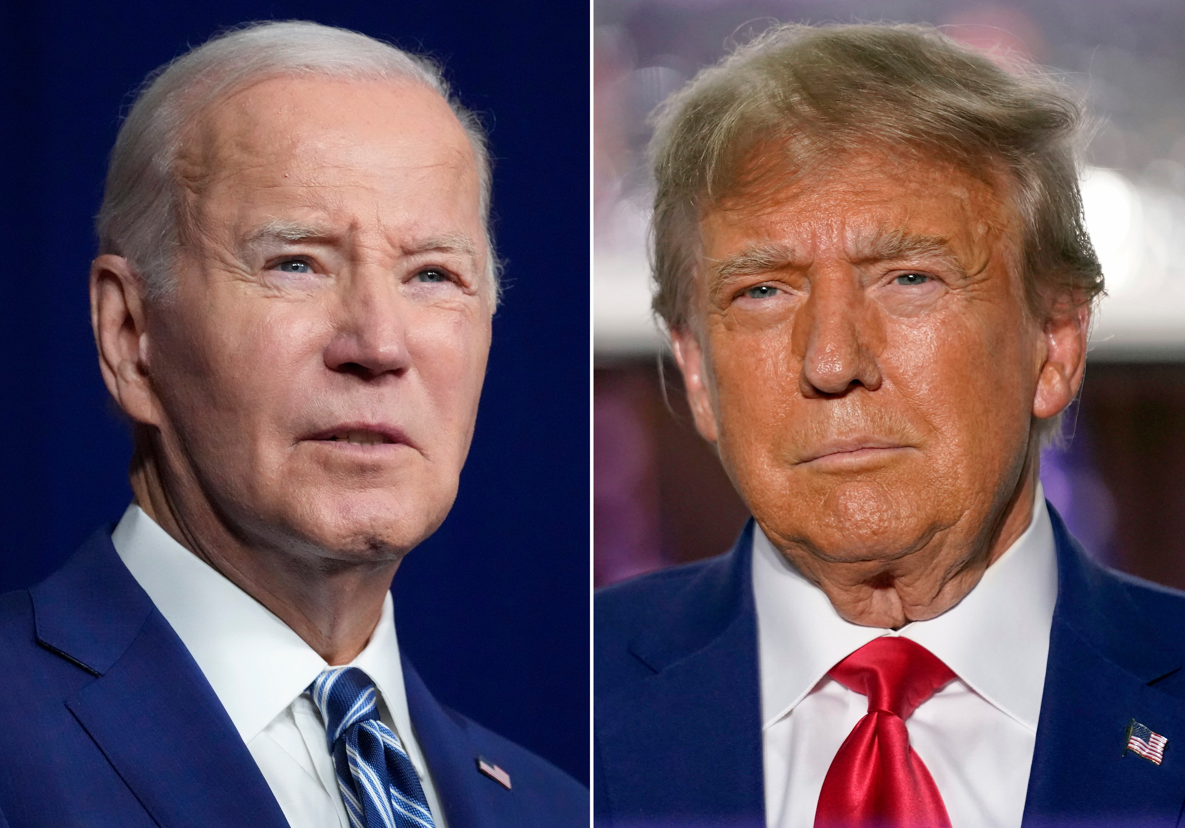 En esta combinación de fotografías, el presidente Joe Biden, a la izquierda, habla el 10 de agosto de 2023 en Salt Lake City, y el expresidente Donald Trump habla el 13 de junio de 2023 en Bedminster, Nueva Jersey. Biden y Trump harán viajes de duelo al Frontera entre Estados Unidos y México en Texas el jueves 29 de febrero de 2024, luego del fallido acuerdo fronterizo al que se opuso el favorito republicano.