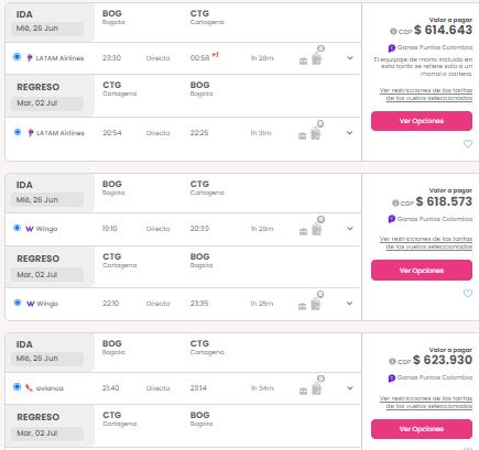 Precio de los tiquetes de  Bogotá a Cartagena.