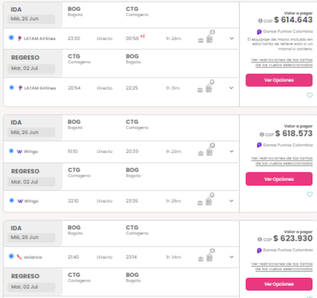 Precio de los tiquetes de Bogotá a Cartagena.