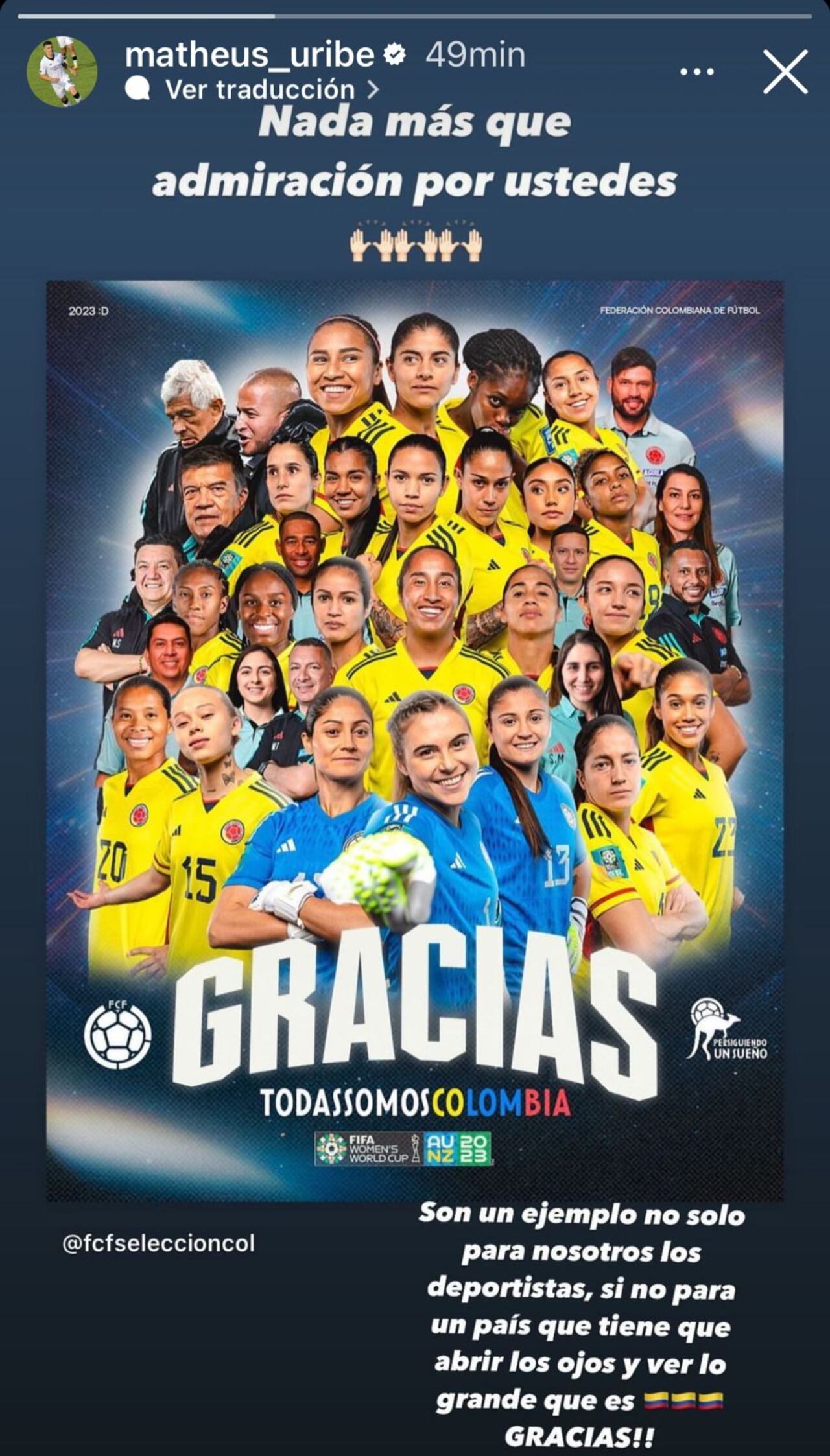 Matheus Uribe agradeció a la selección Colombia femenina
