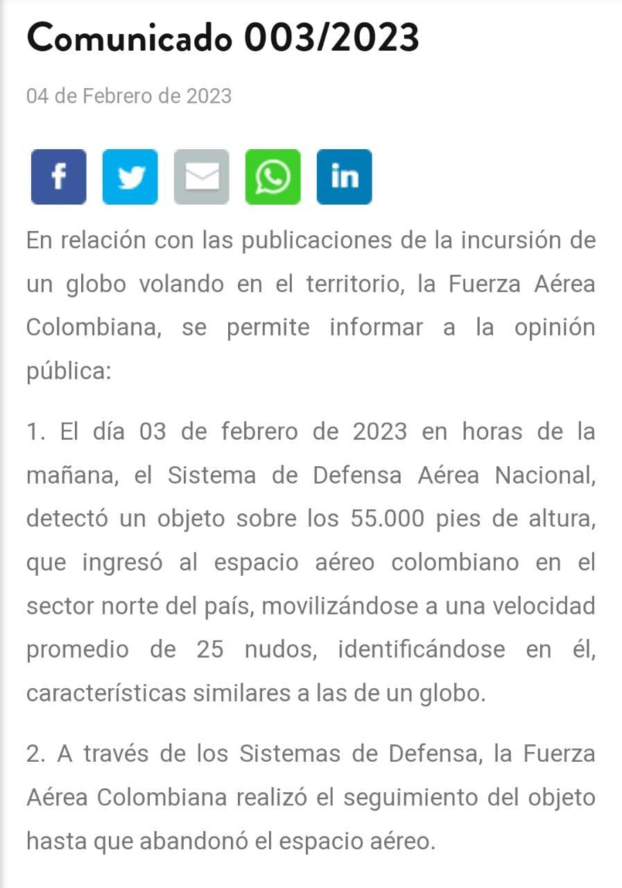 Con este comunicado de prensa, la Fuerza Aérea aseguró que el globo