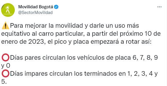 Así es la rotación del nuevo Pico y Placa en Bogotá