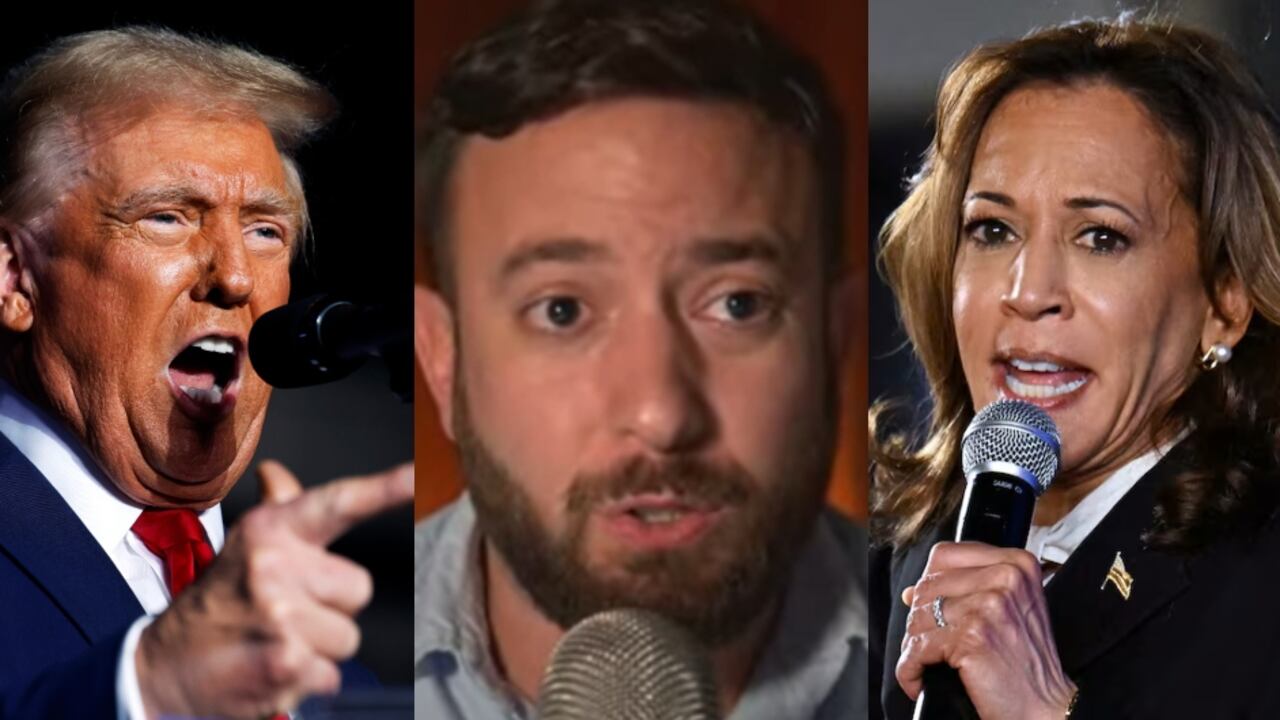 De izquierda a derecha: Donald Trump, Agustín Laje y Kamala Harris.