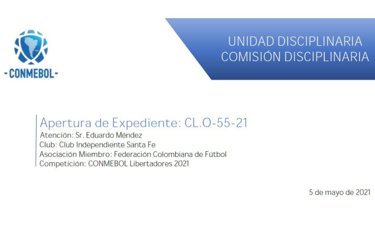 Carta Conmebol a Eduardo Méndez, presidente Santa Fe