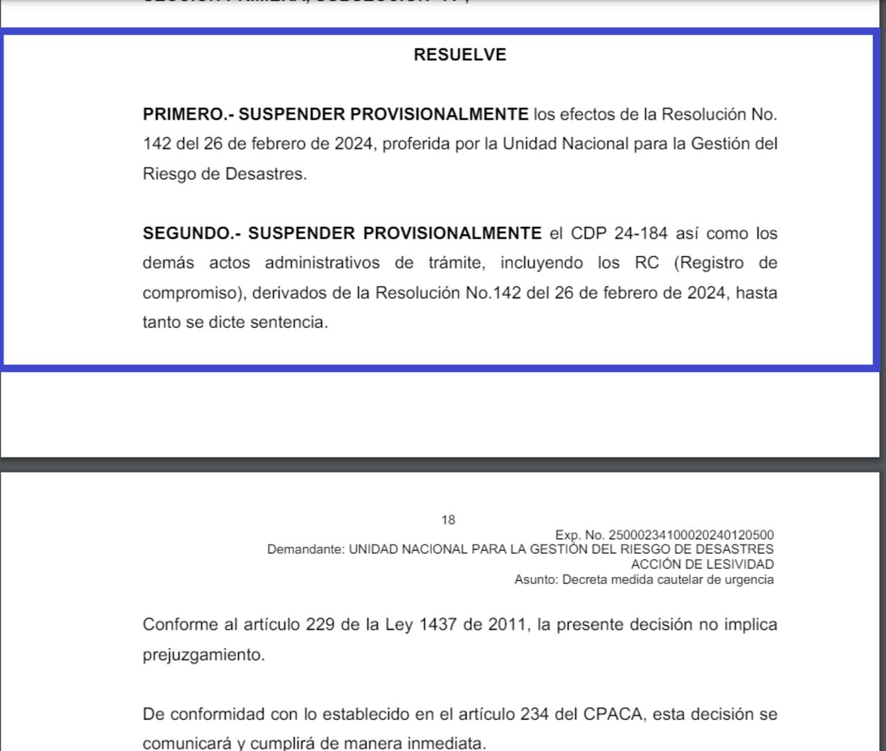 El Tribunal Administrativo de Cundinamarca ordenó la suspensión provisional de un giro por 180 mil millones de pesos de la UNGRD al municipio de Girón, Santander.