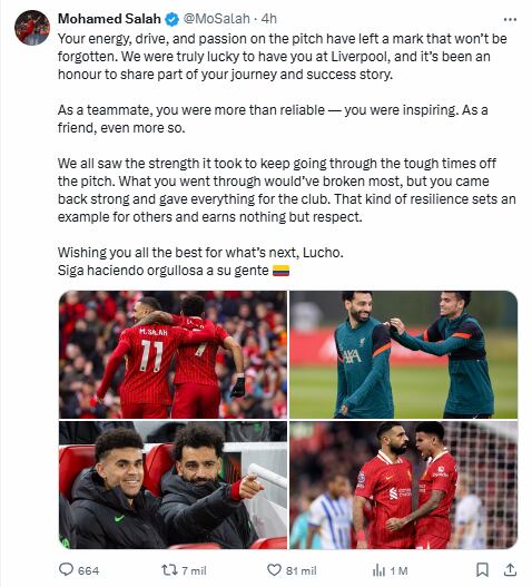 Mensaje con el que Salah despidió a Luis Díaz