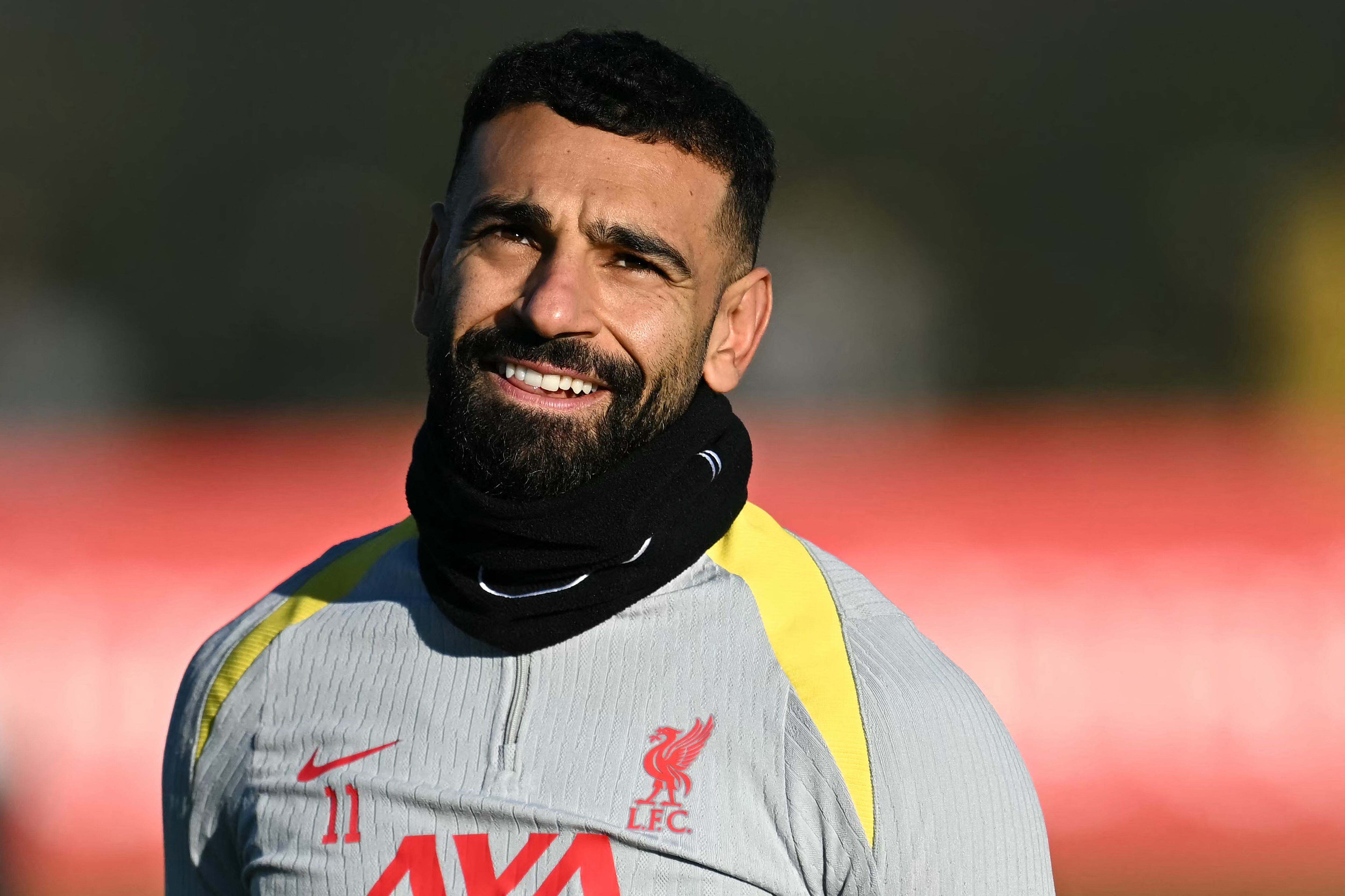 Liverpool's Egyptian striker #11 Mohamed Salah takes part in a training session, at the AXA training centre in Liverpool, north west England, on November 26, 2024, on the eve of their UEFA Champions League football match against Real Madrid. (Photo by Paul ELLIS / AFP)