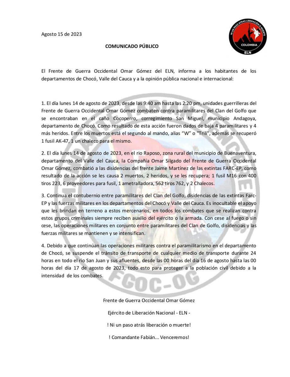 En este comunicado aseguran que en cada enfrentamiento que tienen, la Armada o el Ejército Nacional auxilian a varios integrantes de las disidencias de las Farc y del Clan del Golfo. Debido a esto, continuarán con hechos violentos y el paro armado en el Chocó.