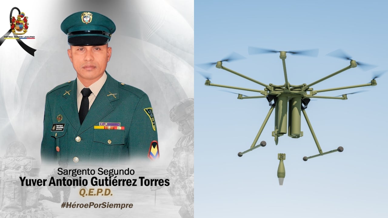 Suboficial asesinado y una imagen referencia de un dron cargado de explosivos.