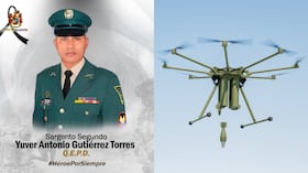 Suboficial asesinado y una imagen referencia de un dron cargado de explosivos.