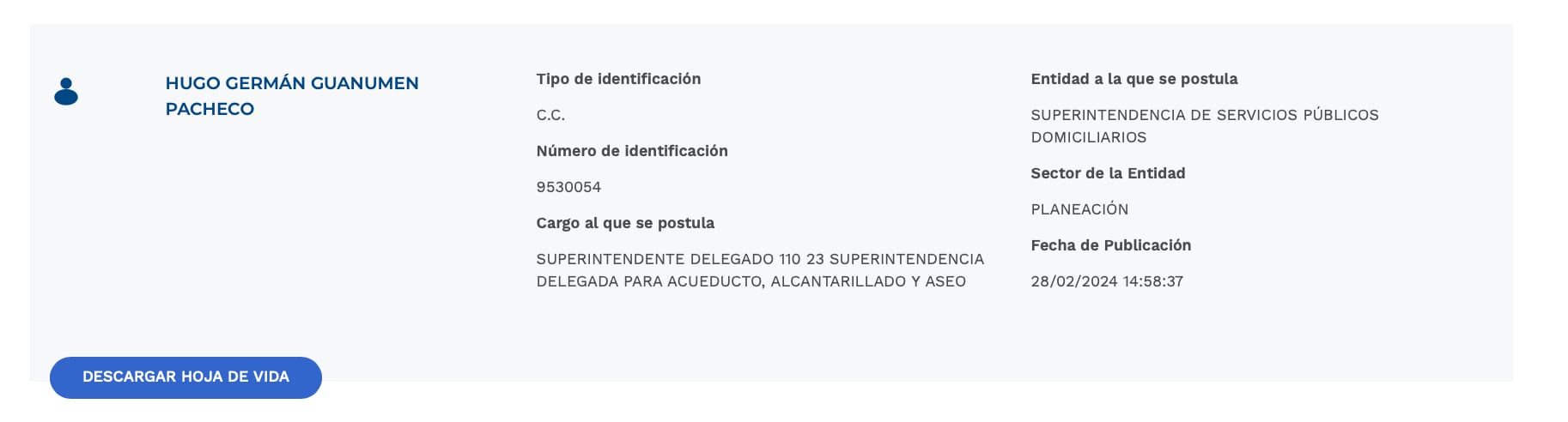 Hoja de vida de Hugo Guanumen.