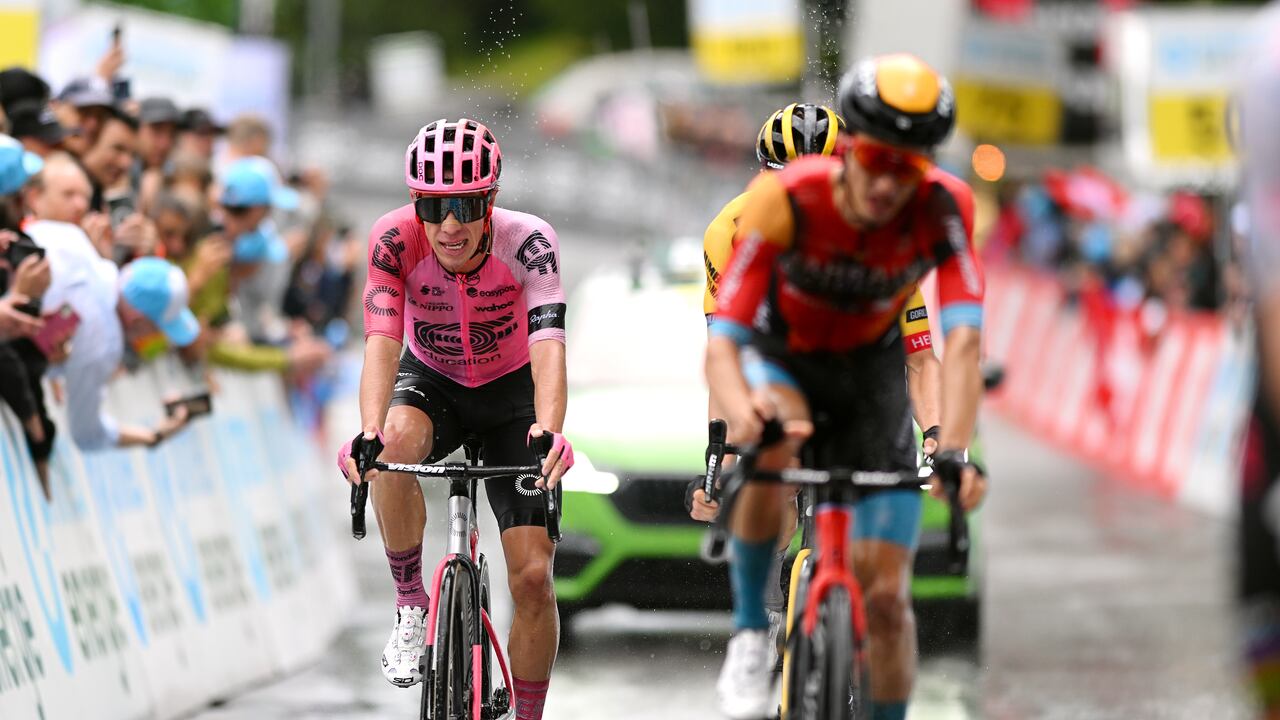 VILLARS-SUR-OLLON, SWITZERLAND - JUNE 13: Rigoberto Uran of Colombia and Team EF Education-EasyPost crosses the finish line during the 86th Tour de Suisse 2023, Stage 3 a 143.8km stage from Tafers to Villars-sur-Ollon 1256m / #UCIWT / on June 13, 2023 in Villars-sur-Ollon, Switzerland. (Photo by Dario Belingheri/Getty Images)