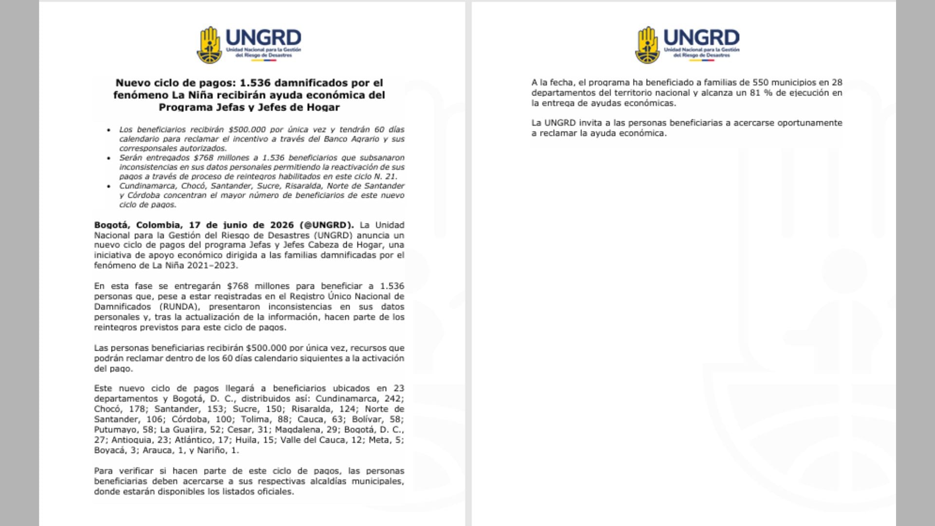 La UNGRD activó un nuevo ciclo de pagos para 1.536 damnificados por el fenómeno de La Niña, quienes recibirán una ayuda económica de $500.000 por única vez.