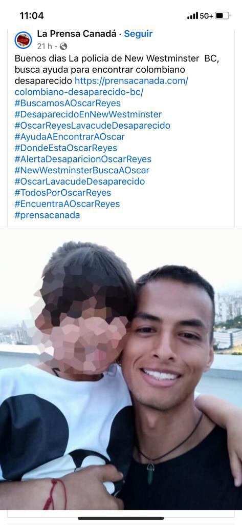 Las autoridades de New Westminster, una ciudad en Canadá, han solicitado a la población la ayuda necesaria para dar con el paradero de Óscar David Reyes Lavacude.