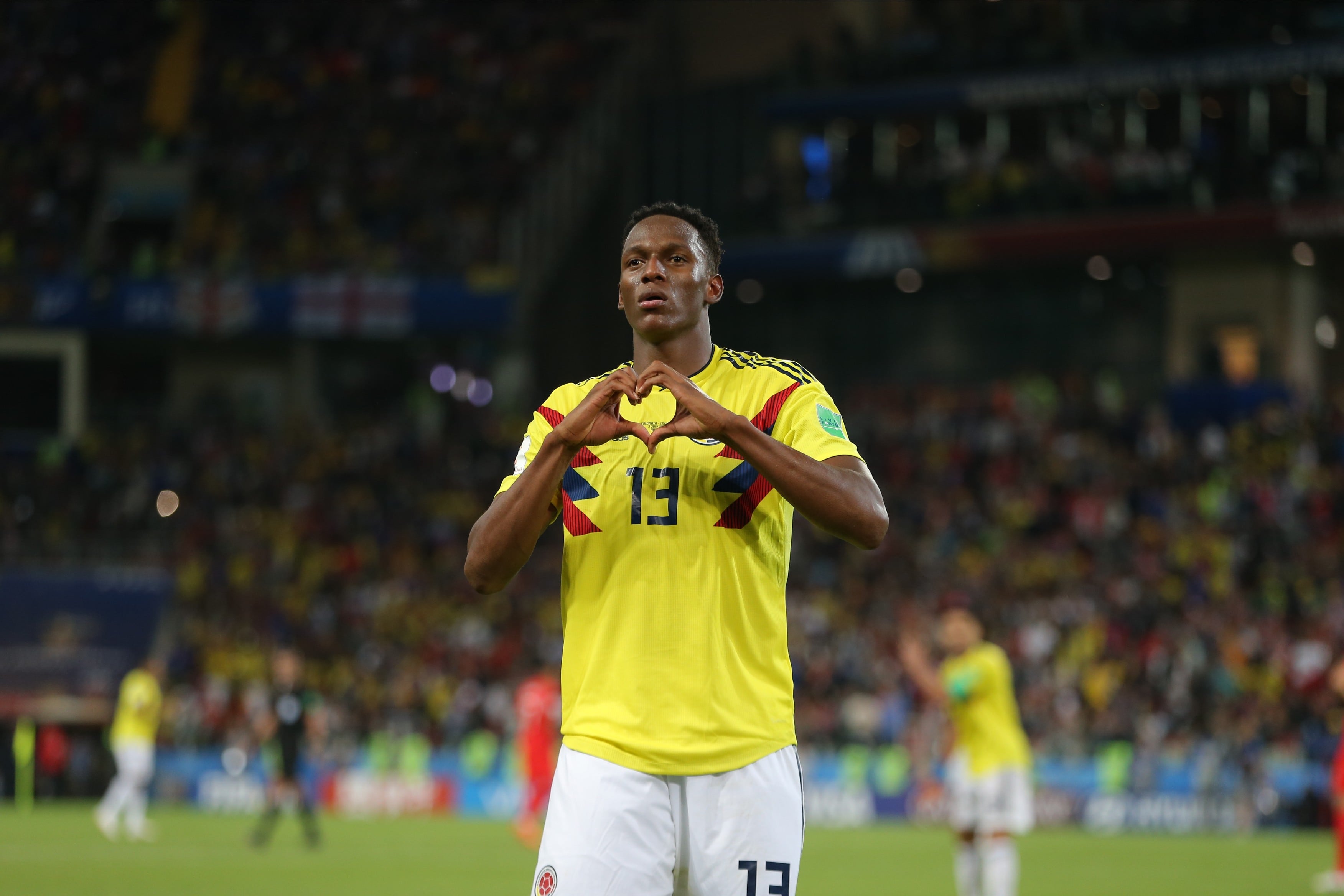 MOSCOW, RUSSIA - July 3: Yerry Mina of Colombia celebrates late equalizer during the 2018 FIFA World Cup Russia Round Of 16 match between Colombia and England at Spartak Stadium on July 3, 2018 in Moscow, Russia. (Photo by Michael Mayhew/Sportsphoto/Allstar via Getty Images)