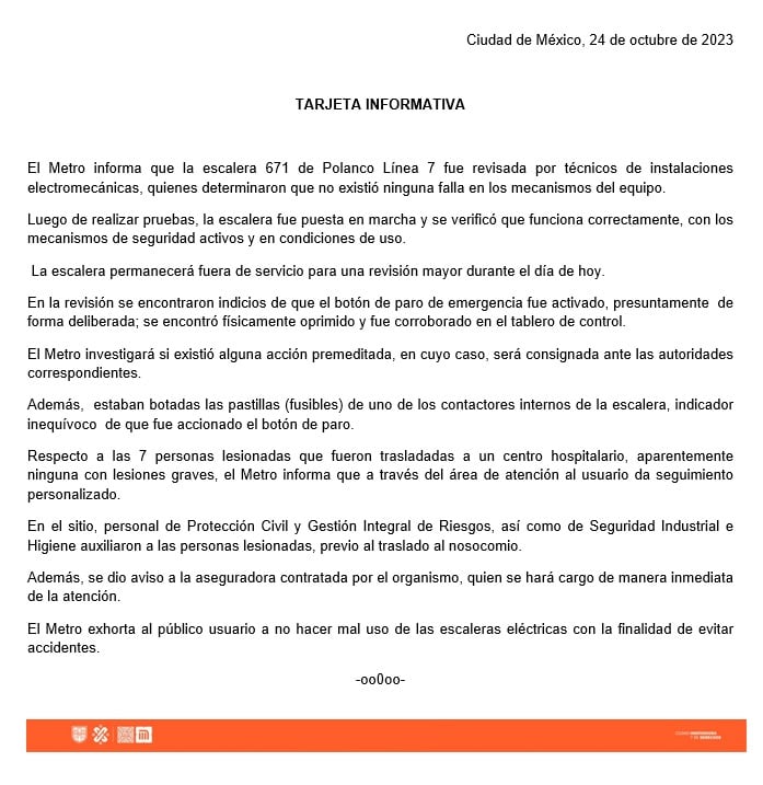 El Metro de Ciudad de México no encontró indicios de una falla técnica.