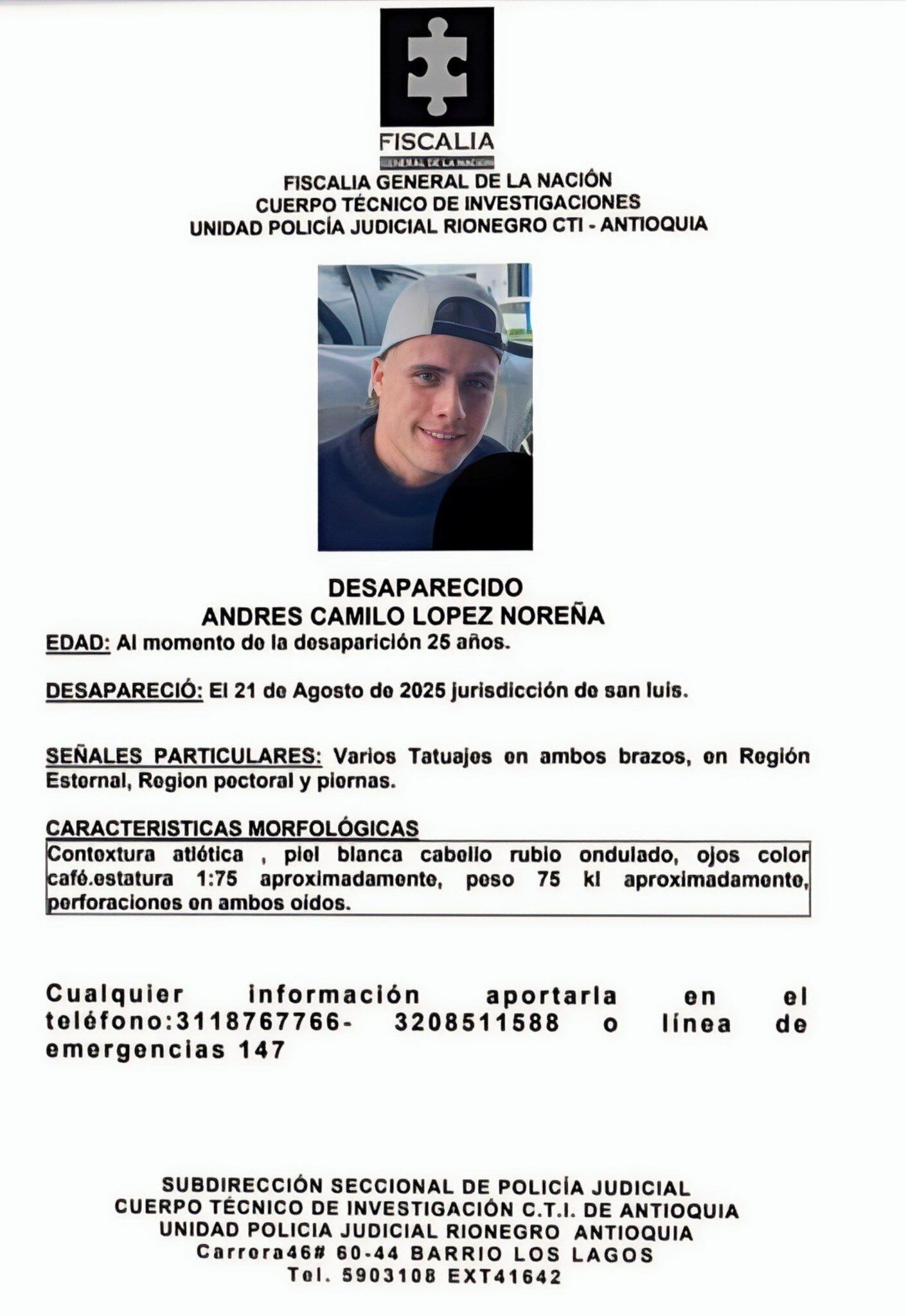 Andrés Camilo López Noreña, dj desaparecido en Antioquia.