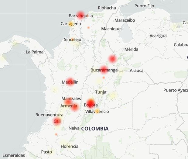 Mapa de 'Downdetector' muestra fallas de WhatsApp en Colombia.