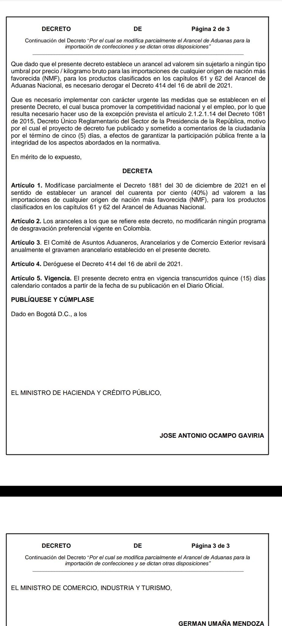 El Decreto que establece protección con un arancel de 40% a las confecciones y textiles.