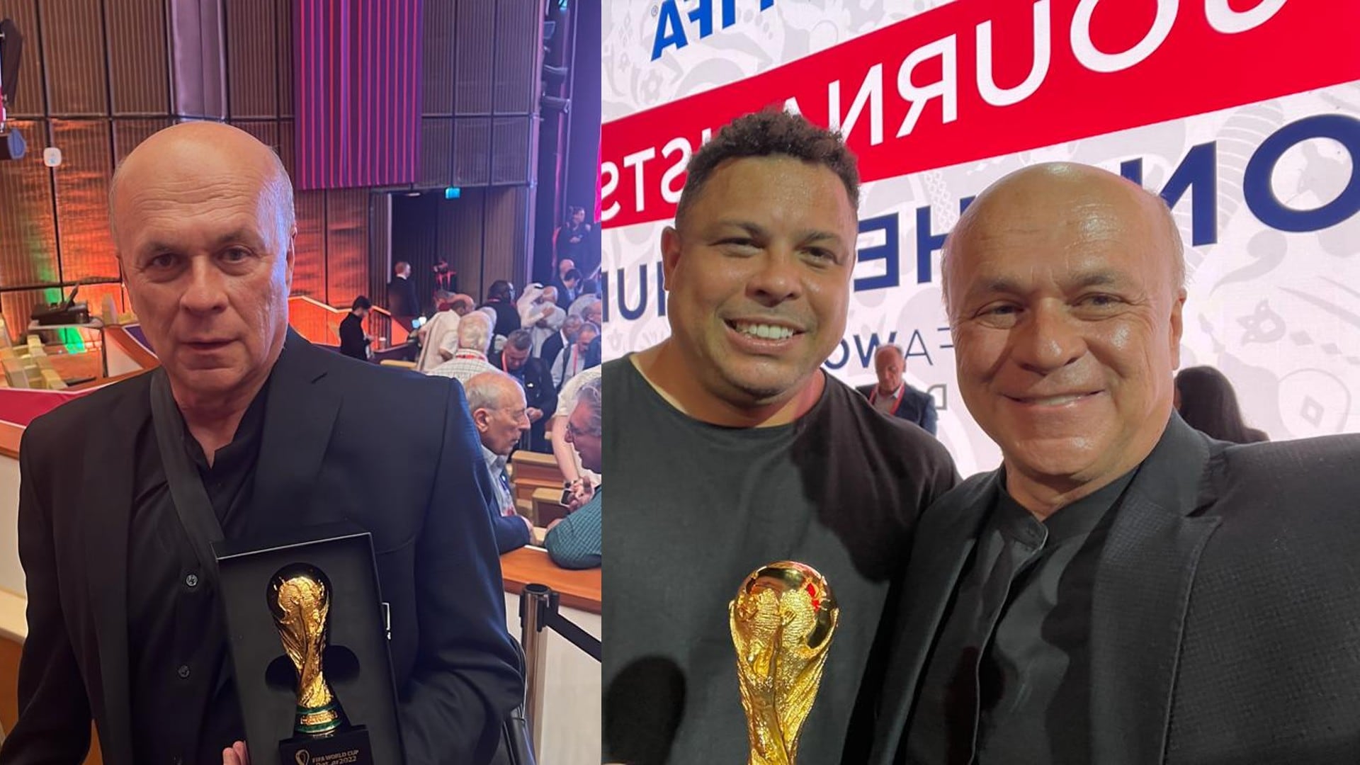 Carlos Antonio Vélez y Ronaldo Nazário, durante el reconocimiento a periodistas que hizo la Fifa en el Mundial Qatar 2022.