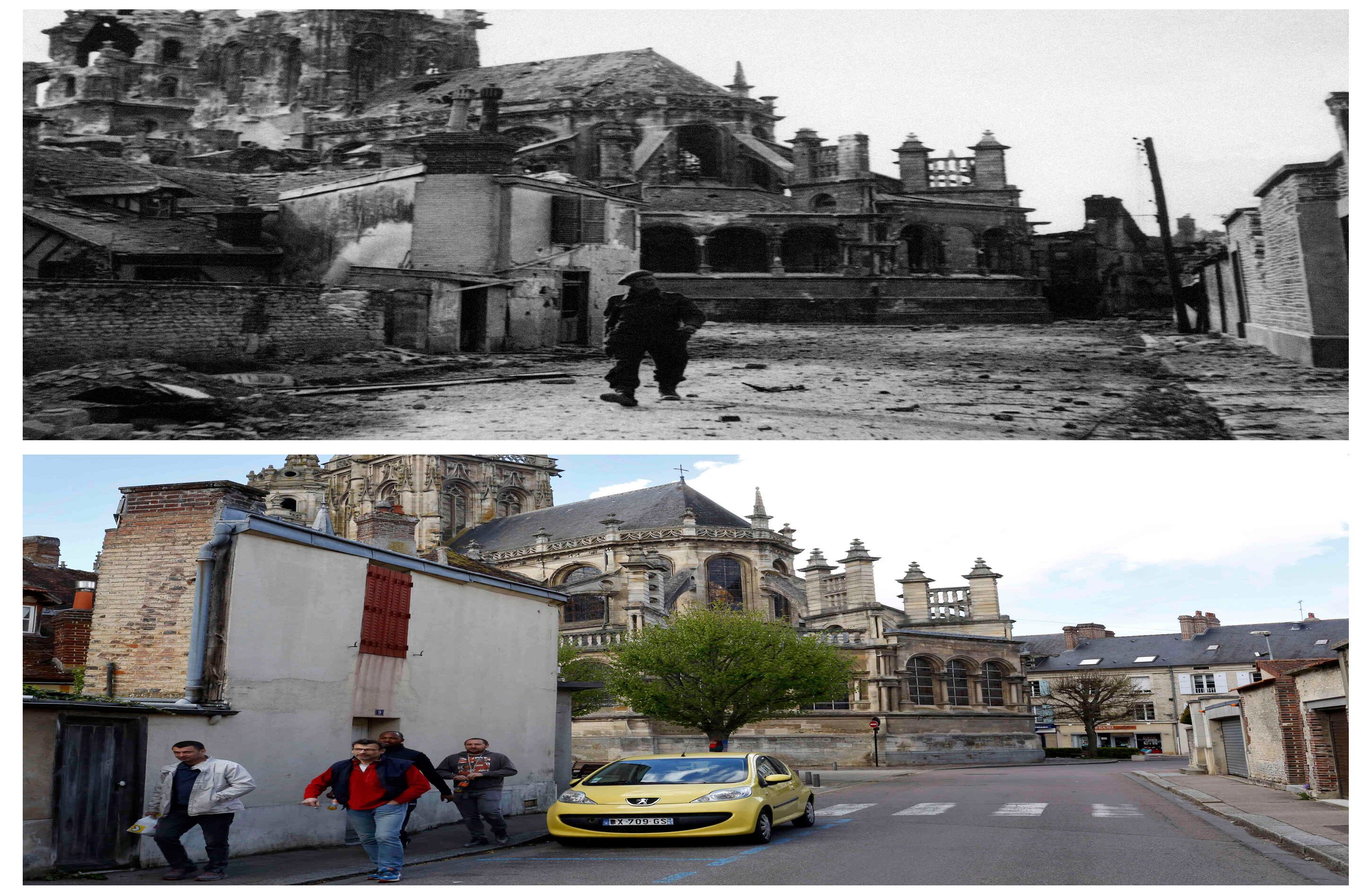 un soldado británico camina en las calles de  Normandía, Francia, el 11 de septiembre de 1944. Abajo una vista de la misma ubicación el 8 de mayo de 2019. (Foto AP / Thibault Camus )