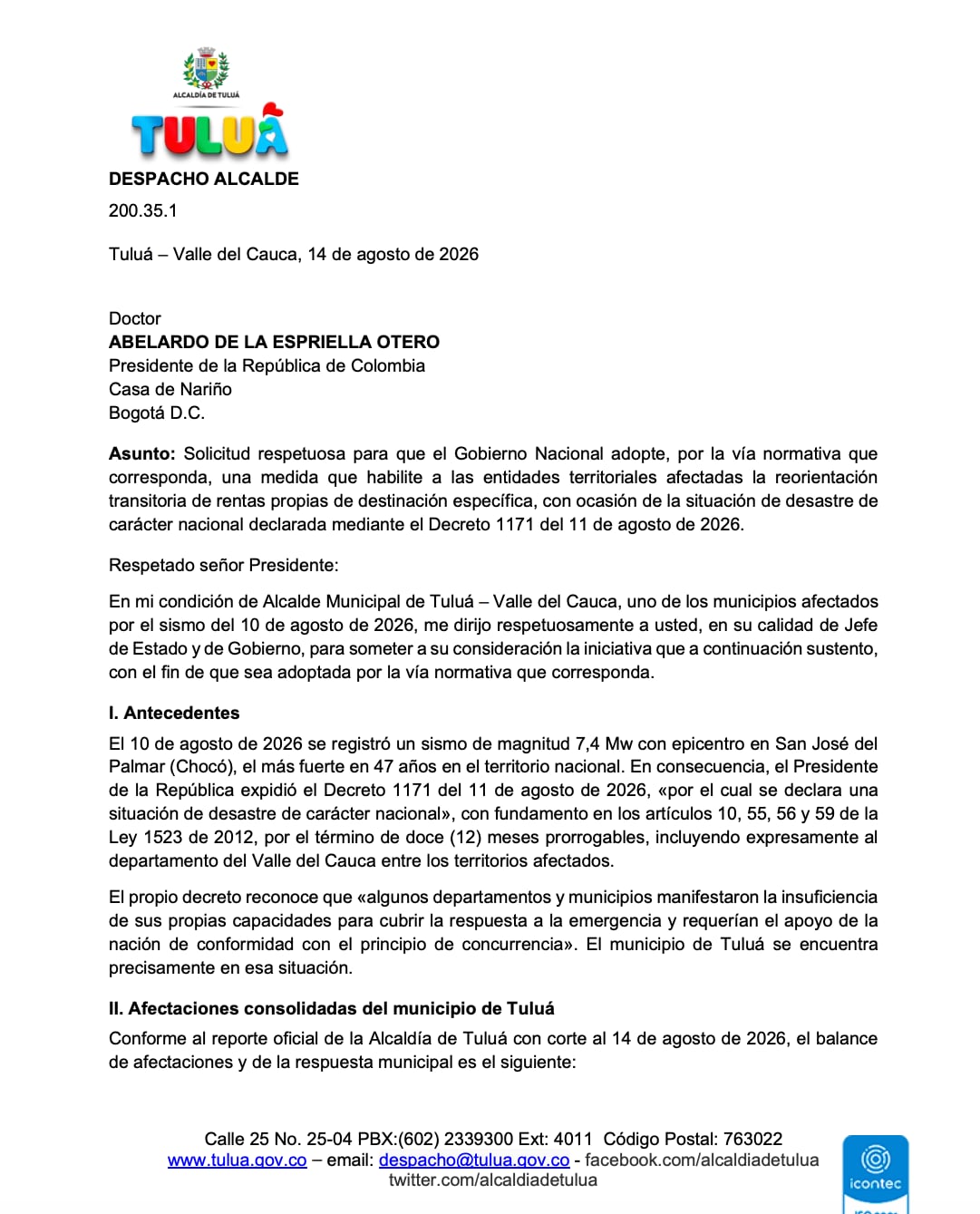 Comunicado de la Alcaldía de Tuluá