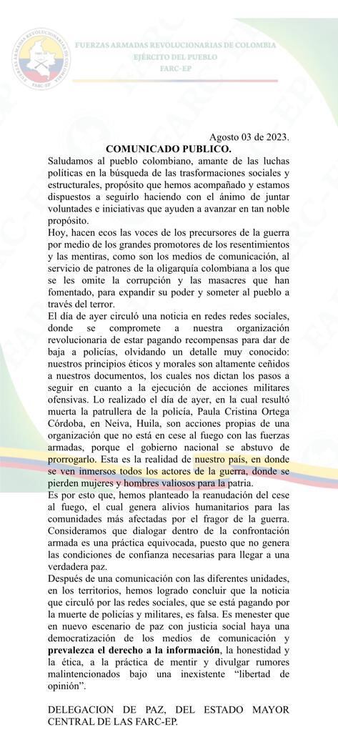 Comunicado disidencias de Iván Mordisco