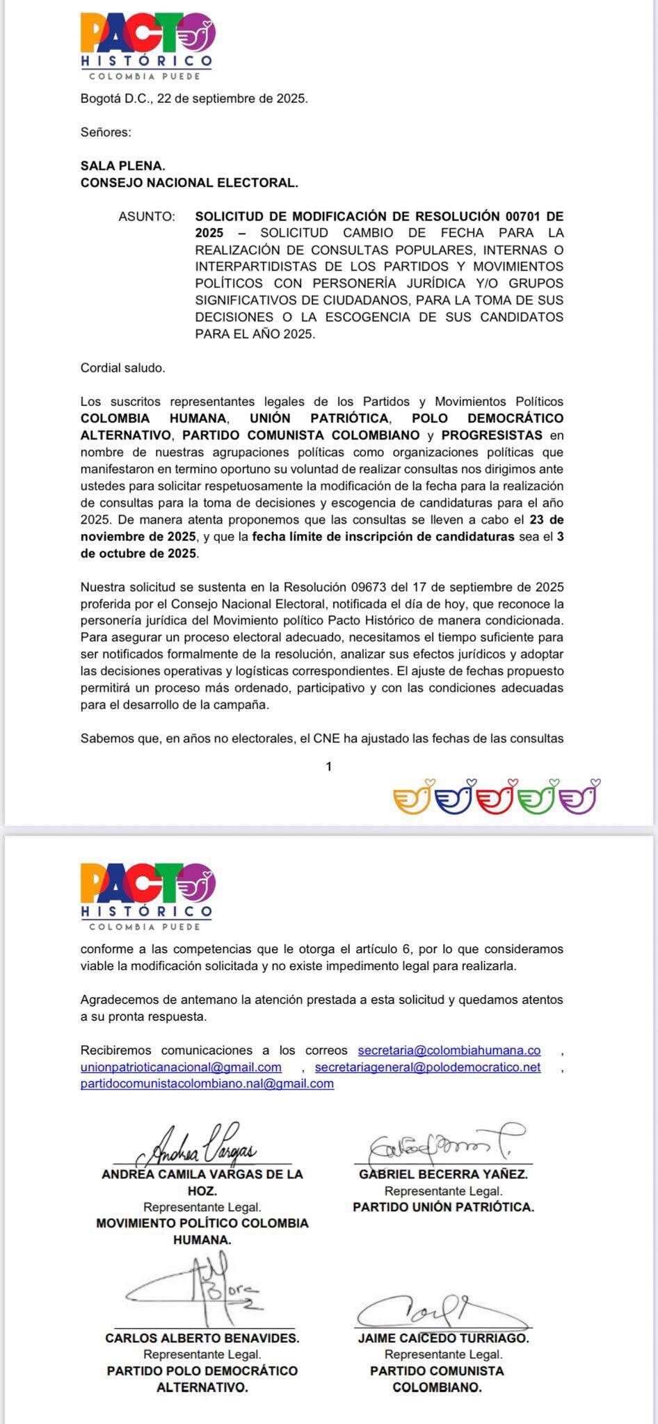 Carta del Pacto Histórico para modificar las fechas de las consultas internas.