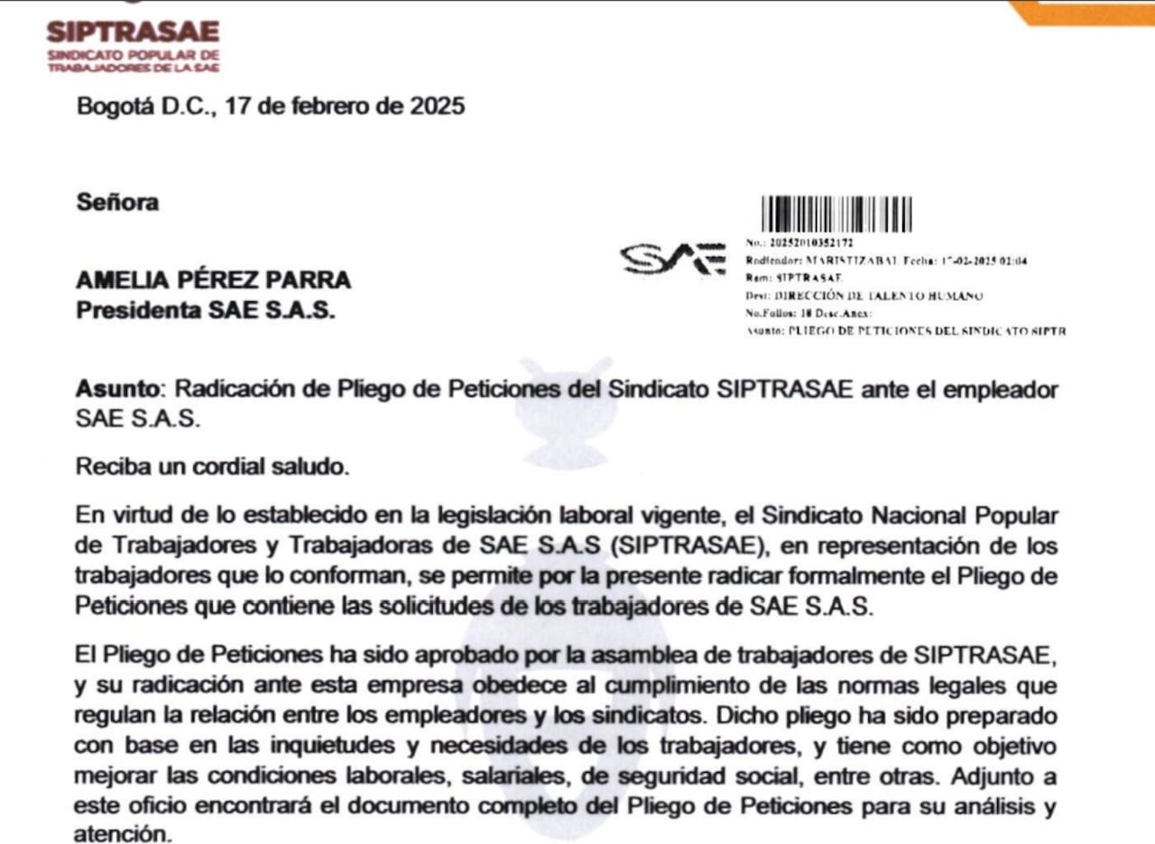 El pliego de peticiones del recién creado sindicato de la SAE, Siptrasae.