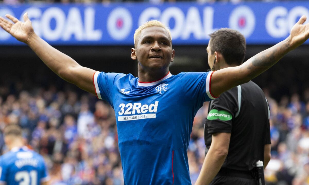 GLASGOW, SCOTLAND - AUGUST 06: Rangers Alfredo Morelos celebrates as he makes it 2-0 during a cinch Premiership match between Rangers and Kilmarnock at Ibrox Stadium, on August 06, 2022, in Glasgow, Scotland (Photo by Getty Images/Alan Harvey/SNS Group)